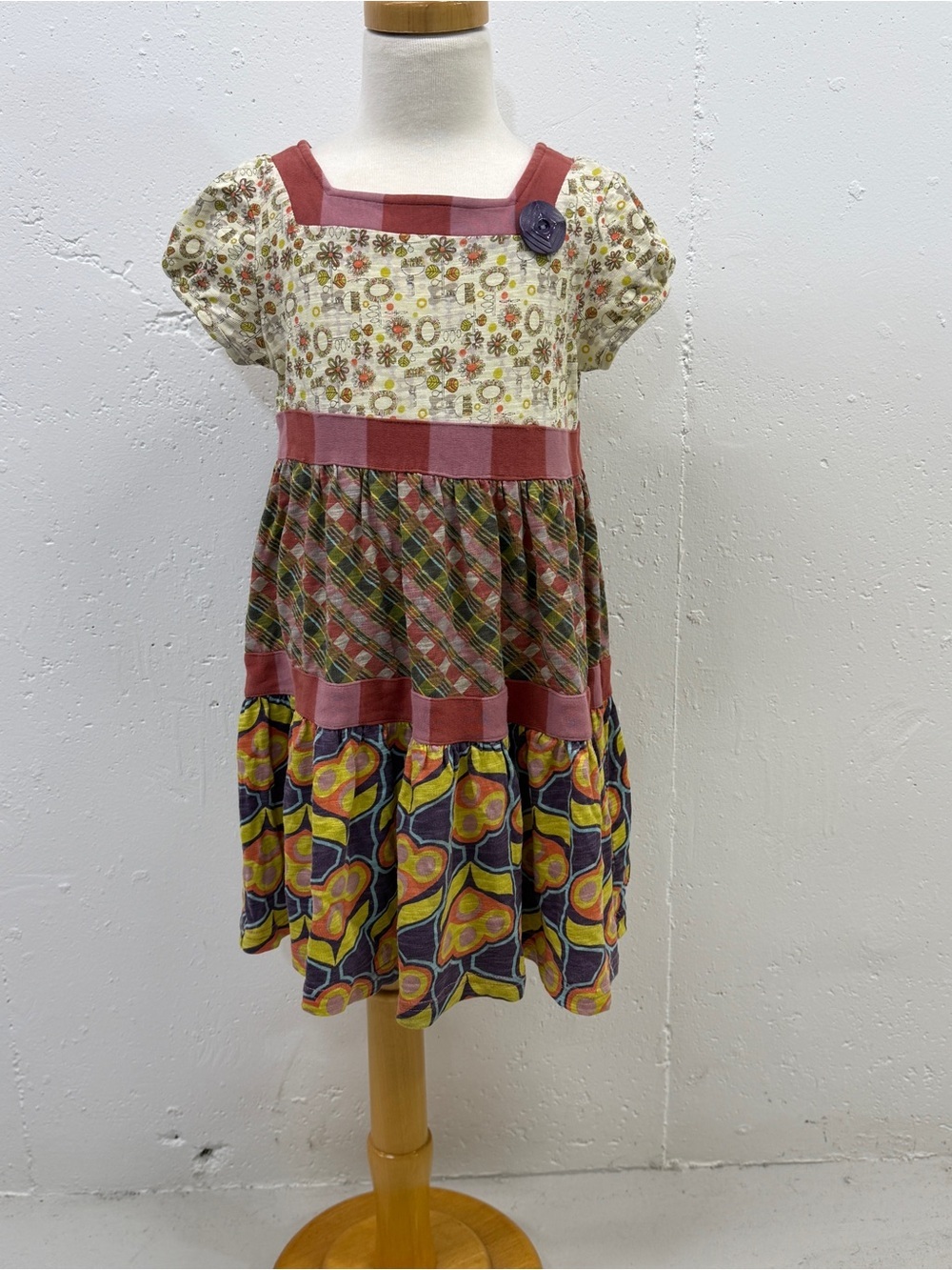Matilda Jane Mixed Floral & Plaid Tiered Dress in Rose, Yellow, and Green
